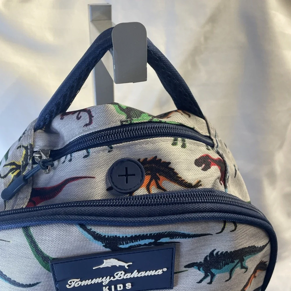 Tommy Bahama Kids Backpack Bag Navy Blue/Grey Colorful Dinosaurs 4 Zip Pockets